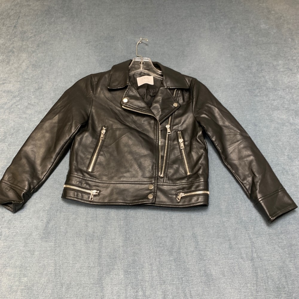 Zara Faux Leather Biker Jacket Girls 8 Black Lined Notch Lapel Asymmetrical Zip
